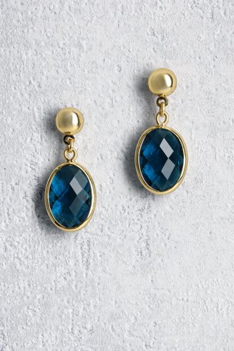 Voorkant van Gouden oorbellen met blauwe ovale hanger door Liberty Island voor Dames