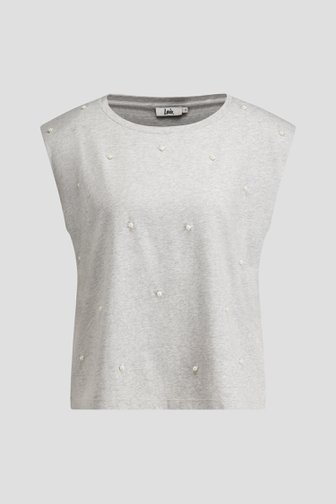 Voorkant van Grijs T-shirt met witte parels door Louise voor Dames