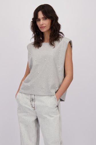 Voorkant van Grijs T-shirt met witte parels door Louise voor Dames