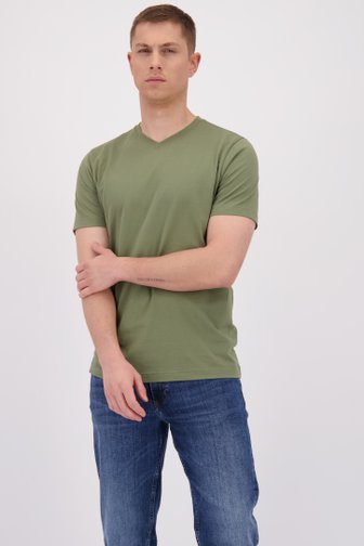 Voorkant van Grijsgroen katoenen T-shirt met V-hals door Liberty Island voor Heren