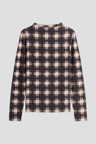 Voorkant van Grijze T-shirt met geruit motief en lange mouwen door Opus voor Dames