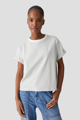 Voorkant van Groen gestreept T-shirt met korte mouwen door Opus voor Dames