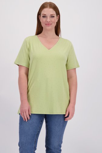 Voorkant van Groen T-shirt met V-hals en strass door Yest Curve voor Dames