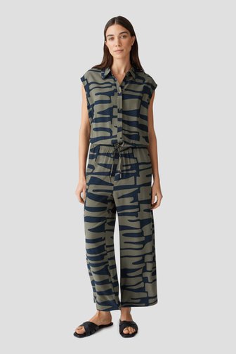 Voorkant van Groene jumpsuit met donkerblauwe print door Opus voor Dames