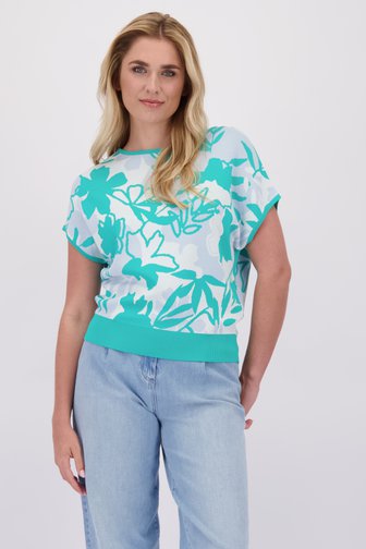 Voorkant van Jacquard trui met groen-blauw bloemenmotief  door Libelle voor Dames