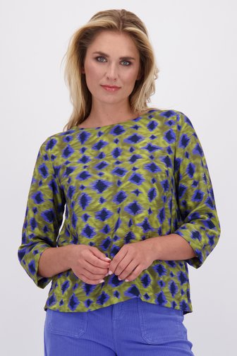 Voorkant van Kaki blouse met blauwe print door Libelle voor Dames