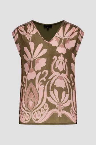 Kaki blouse met roze bloemenprint van More & More voor Dames