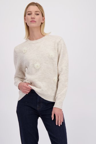 Voorkant van Lichtbeige trui met opgestikte bloemen door More & More voor Dames