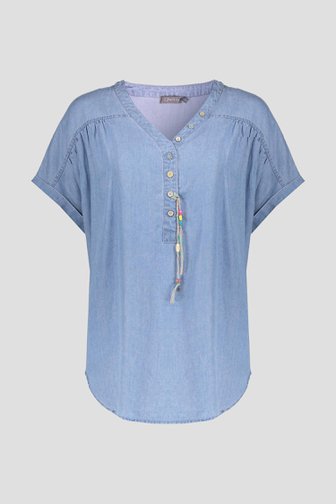 Voorkant van Lichtblauwe blouse met korte mouwen en V-hals door Geisha voor Dames