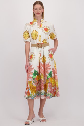 Voorkant van Lichtgeel knielang kleedje met jungle print door More & More voor Dames