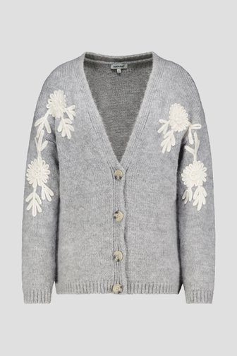 Voorkant van Lichtgrijze cardigan met broderie door More & More voor Dames
