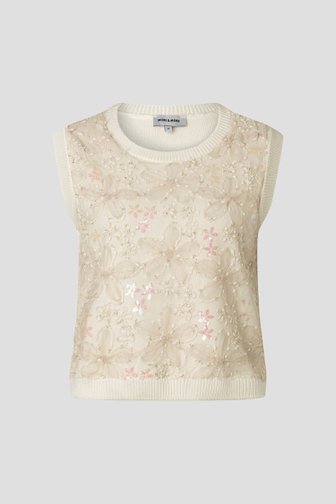 Voorkant van Mouwloze ecru trui met glitter bloemenmotief door More & More voor Dames