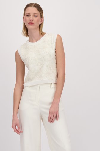 Voorkant van Mouwloze ecru trui met glitter bloemenmotief door More & More voor Dames