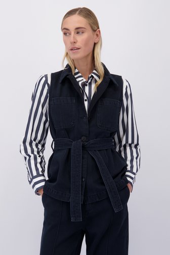 Voorkant van Mouwloze zwarte jeansvest met striklint door Liberty Island Denim voor Dames