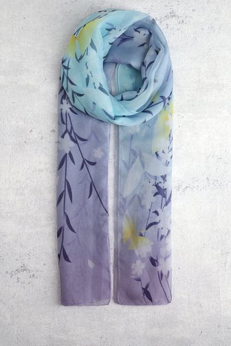 Achterkant van Paars-blauw dégradé sjaaltje met bladerprint door Modeno voor Dames