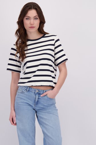 Le devant de Pull à manches courtes à rayures bleu et blanc de Geisha pour Femmes