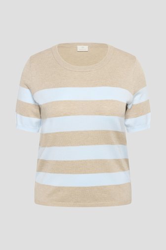 Le devant de Pull beige à rayures bleu clair à manches courtes de Kaffe Curve pour Femmes