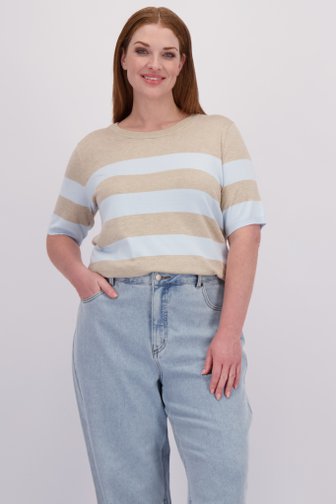 Le devant de Pull beige à rayures bleu clair à manches courtes de Kaffe Curve pour Femmes
