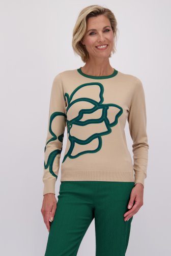 Le devant de Pull beige avec accent floral vert-bleu de Claude Arielle pour Femmes