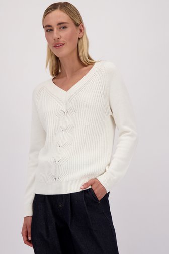 Le devant de Pull blanc en maille à col en V de Liberty Island pour Femmes