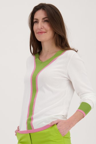 Pull blanc fin avec des détails vert-rose, Femmes, Marque: Claude Arielle
