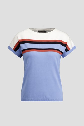 Le devant de Pull bleu clair à rayures et manches courtes de Claude Arielle pour Femmes