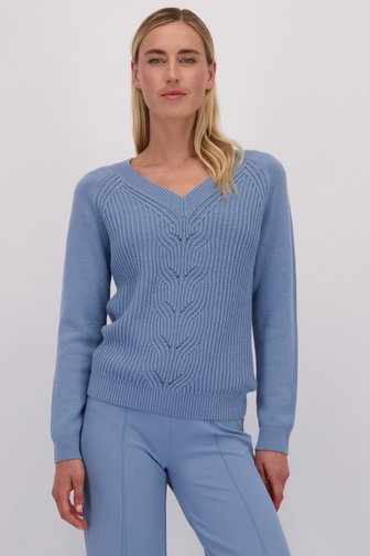 Le devant de Pull bleu en maille à col en V de Liberty Island pour Femmes