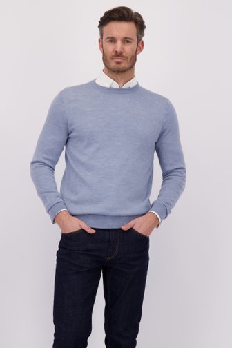 Le devant de Pull bleu finement tricoté à col rond de Dansaert Black pour Hommes