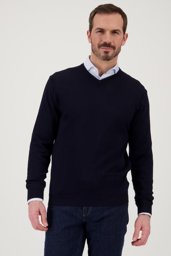 Pull bleu foncé avec col en V et laine de DANPR pour Hommes