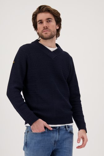 Pull bleu foncé avec motif tricoté fin, male, Marque: Ravøtt