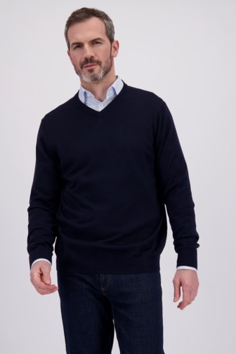Le devant de Pull bleu foncé en laine à col V de Dansaert Black Premium pour Hommes