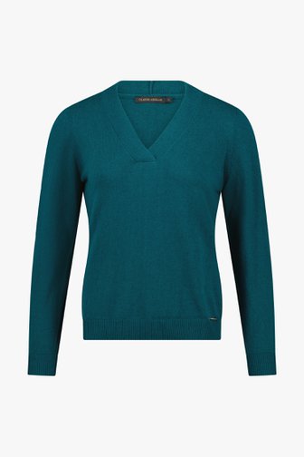 Le devant de Pull col V bleu vert de Claude Arielle pour Femmes