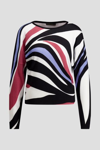 Le devant de Pull écru à imprimé graphique orange, noir et bleu de Claude Arielle pour Femmes