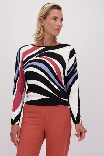 Le devant de Pull écru à imprimé graphique orange, noir et bleu de Claude Arielle pour Femmes