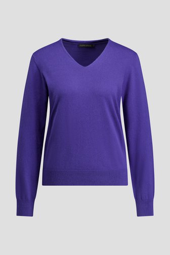 Le devant de Pull finement tricoté bleu violacé à col en V de Claude Arielle pour Femmes