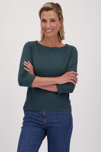 Le devant de Pull finement tricoté vert foncé de Claude Arielle pour Femmes