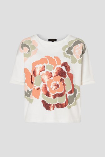 Pull-over écru avec fleur pailletée rose kaki de More & More pour Femmes