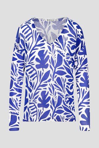 Pull-over écru avec impression de feuilles bleues de Bicalla pour Femmes