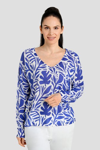Pull-over écru avec impression de feuilles bleues de Bicalla pour Femmes