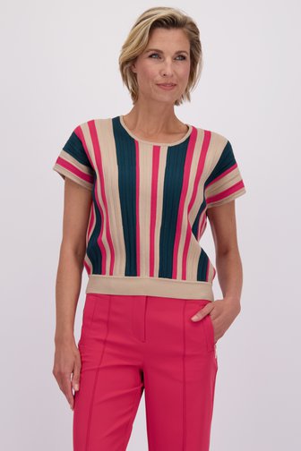 Pull rayé vert-beige manches courtes