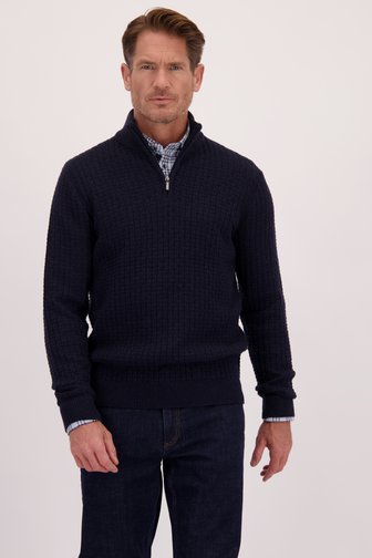 Le devant de Pull texturé bleu foncé à courte fermeture éclair de Dansaert Blue pour Hommes