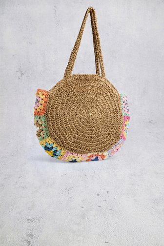 Voorkant van Ronde beige gevlochten tas met kleurdetails door Pieces voor Dames