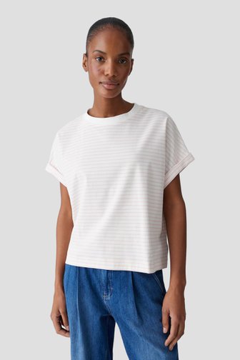 Voorkant van Roze gestreept T-shirt met korte mouwen door Opus voor Dames