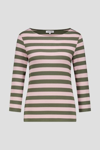 Voorkant van Roze-kaki gestreept T-shirt met 3/4 mouwen door More & More voor Dames