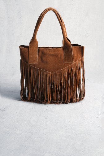 Le devant de Sac bandoulière en suède brun avec franges de Louise pour Femmes