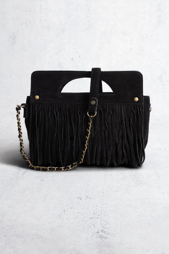 Le devant de Sac bandoulière noir aspect suédé à franges de Pieces pour Femmes