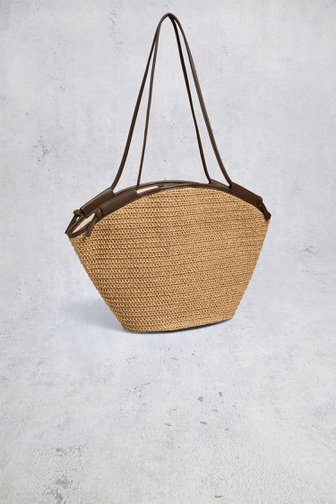 Le devant de Shopper tissé brun clair avec finitions brunes. de Pieces pour Femmes