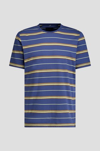 Le devant de T-shirt bleu à rayures beige et brunes de Ravøtt pour Hommes