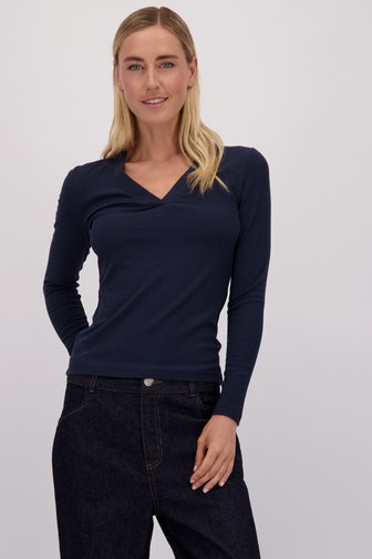 Le devant de T-shirt bleu foncé à col en V et manches longues de Liberty Island pour Femmes