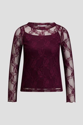 Le devant de T-shirt bordeaux en dentelle à manches longues de Louise pour Femmes